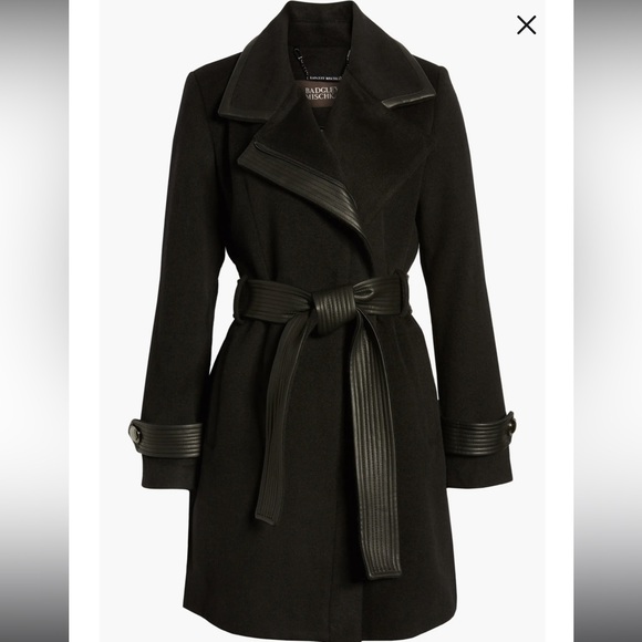 Badgley Mischka Collection Faux Leather Trim Wool Blend Coat - Picture 4 of 12
